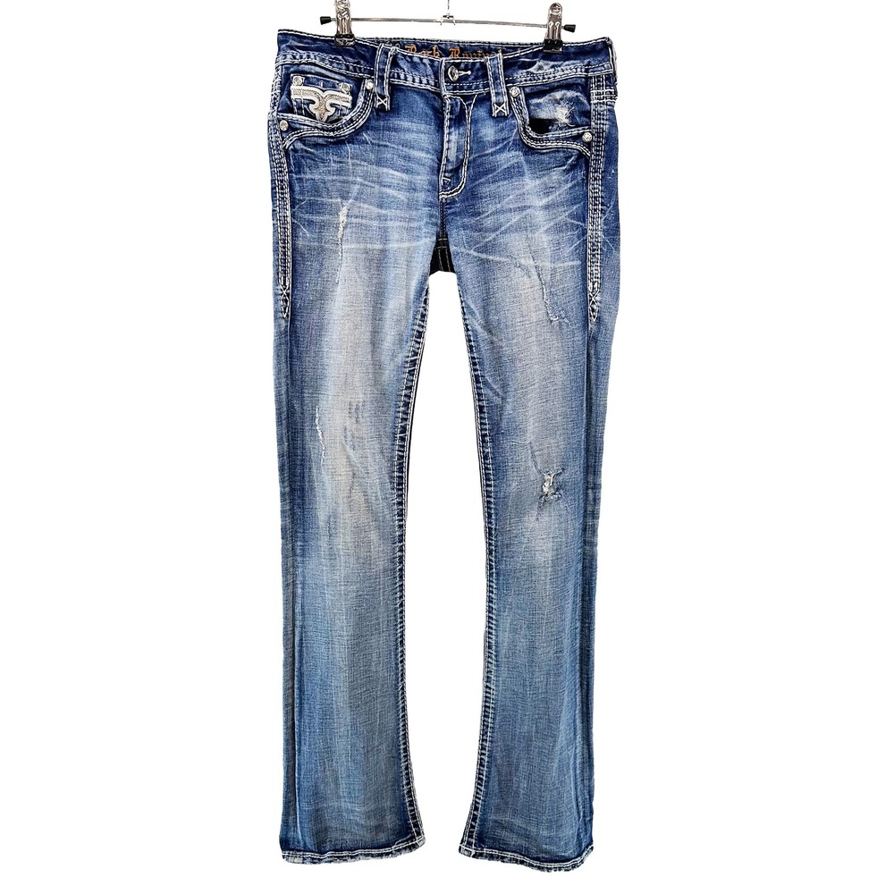ROCK REVIVAL Women's Sundee Mid-rise Bootcut Jeans • 28 • blue, embroidered